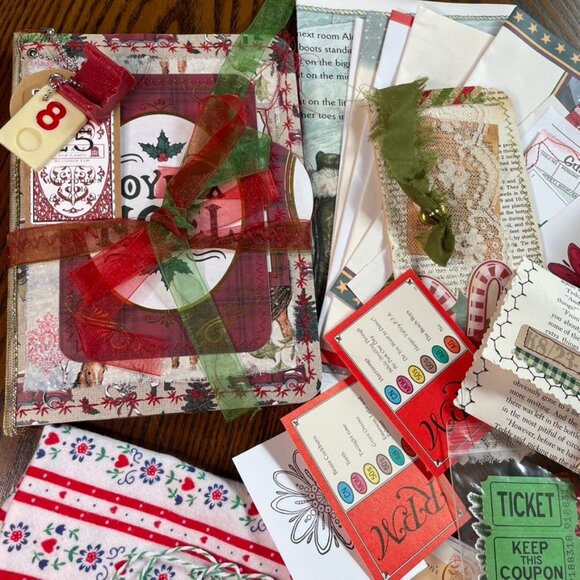 Christmas Junk Journal Includes Charm u Washi  Fabric Wrap Tons Ephemera Handmad - Picture 9 of 16